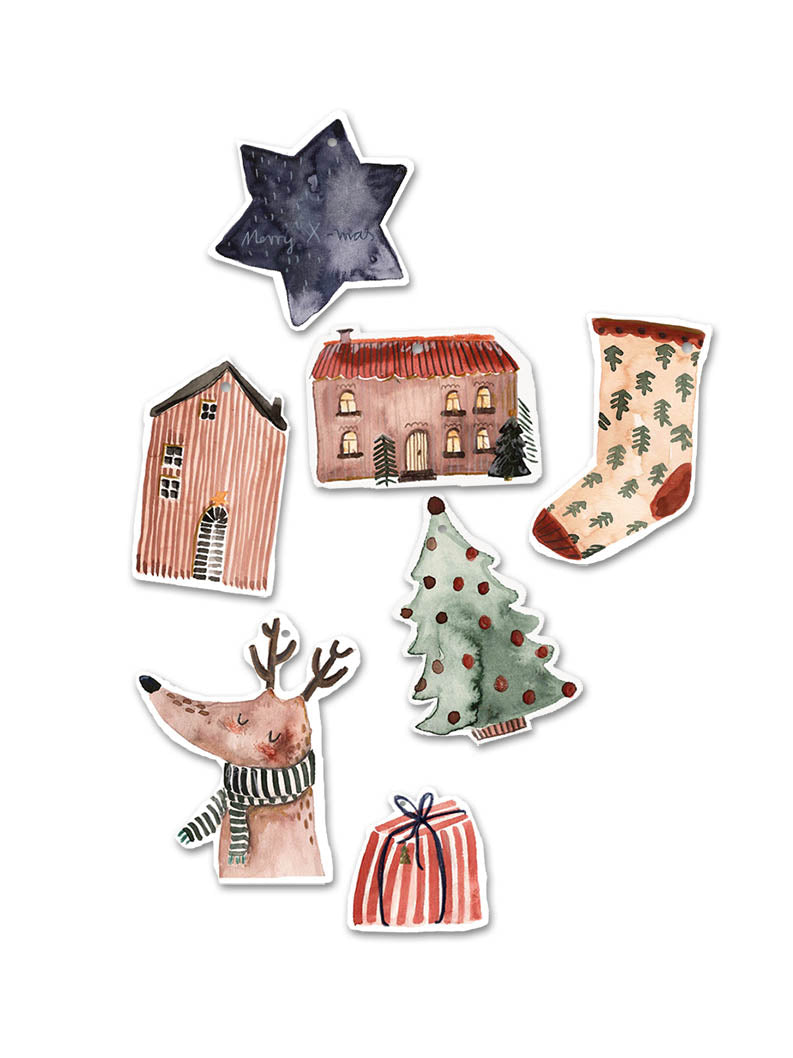 Geschenkanhänger Weihnachten handillustriert mit Weihnachtsbaum, Haus, Socke, Stern, Elch und Geschenk