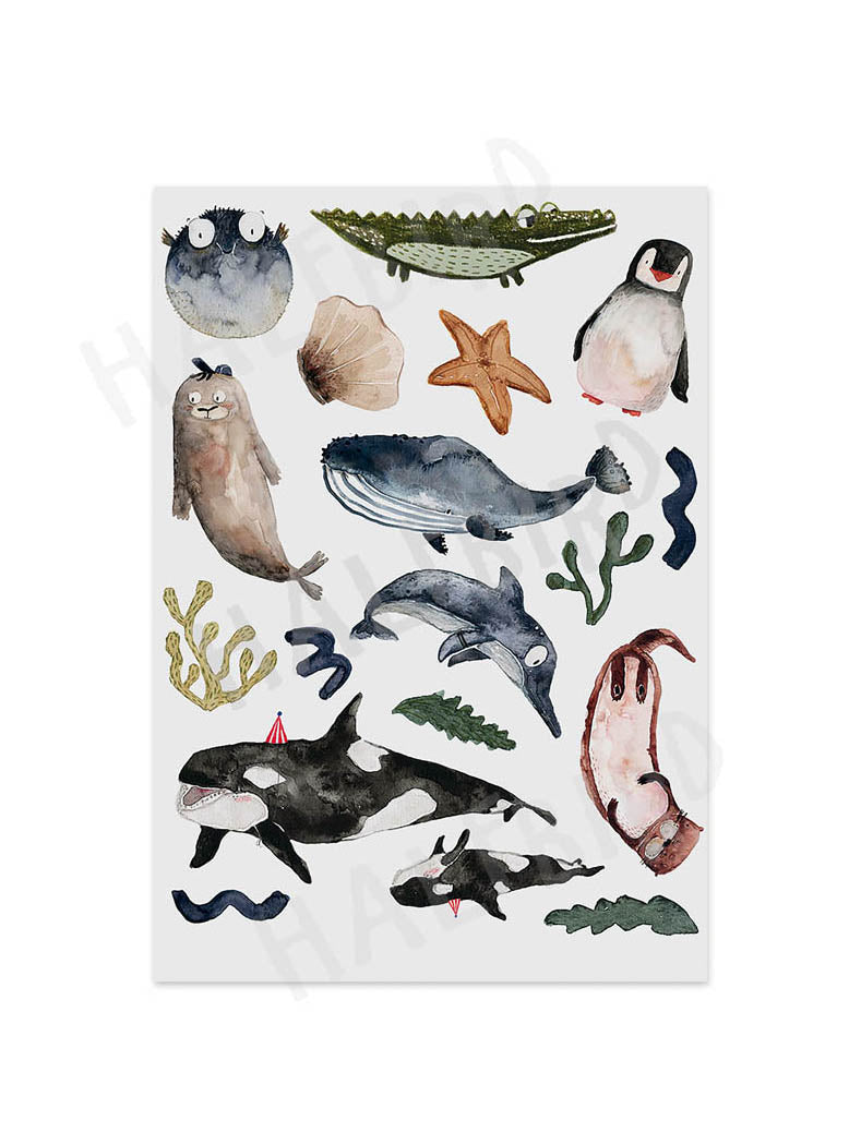 Kindertattoos wal, orca, schwertwal, delphin, muschel, Kugelfisch, seestern, algen, pinguin und Krokodil