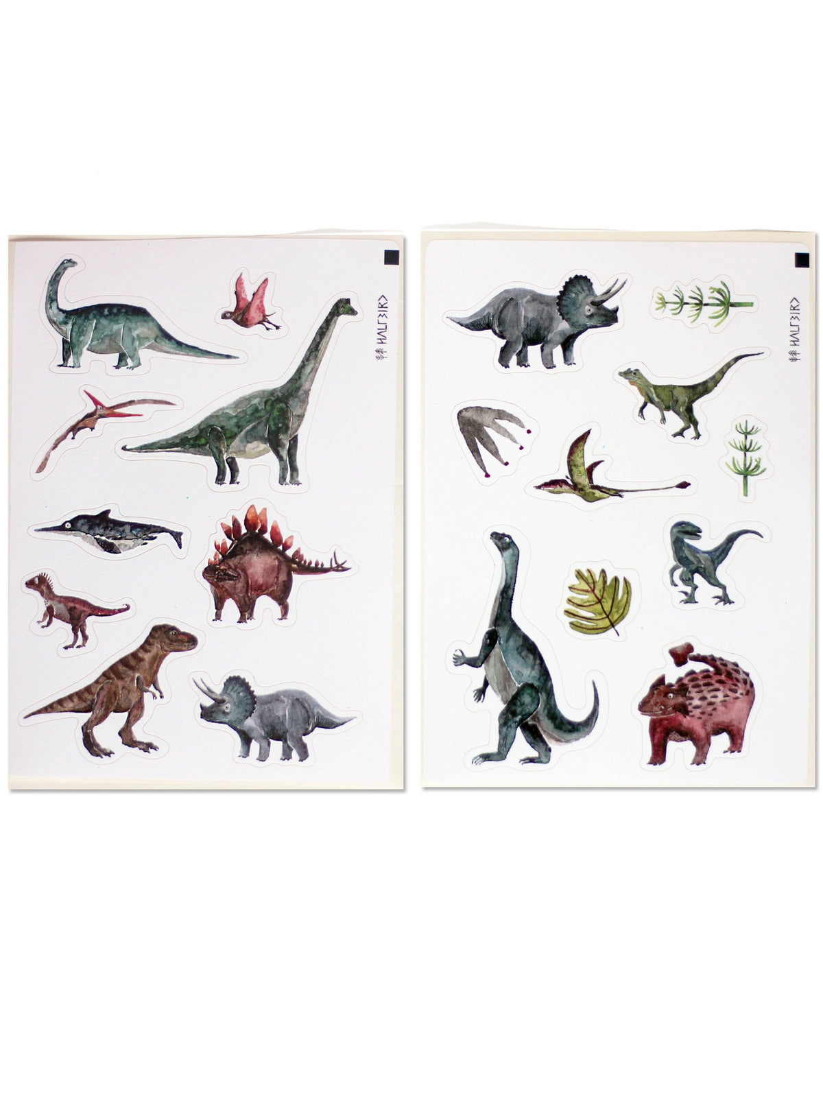 Stickerbögen Dinosaurier aus Recyclingpapier. Mit dabei sind Triceratops, T-Rex, Ankylosaurus, Stegosaurus, Plateosaurus und Co