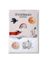 Stickerbogen Allerlei, mit Dackel Detlef, Elefant, Sonne, Vogel, Wal und mehr in plastikfreier Verpackung