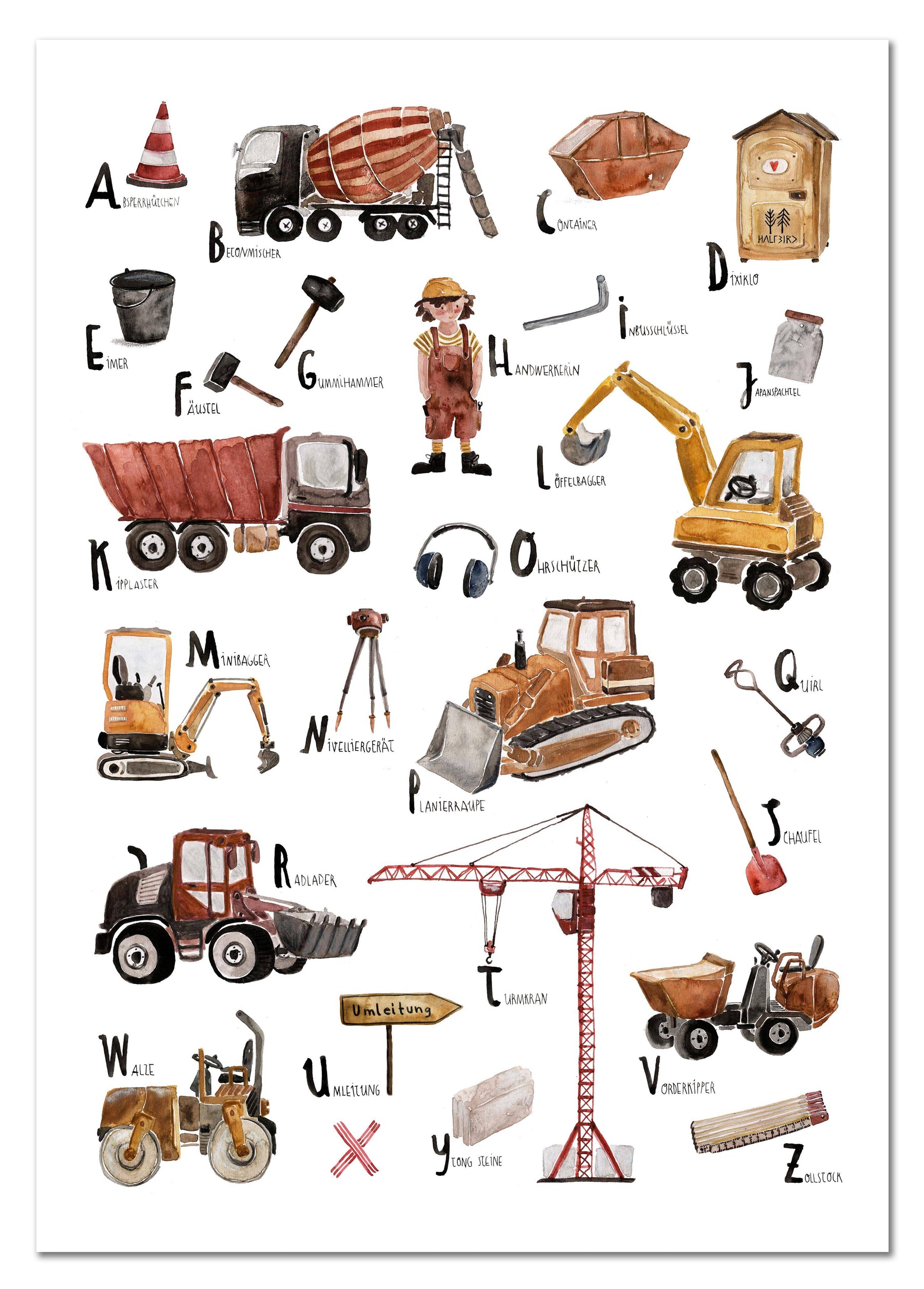 ABC Baustellen Poster für Kinder mit Bagger, LKW, Walze, Nivelliergerät, Kran, Vorderkipper, Betonmischer und Minibagger