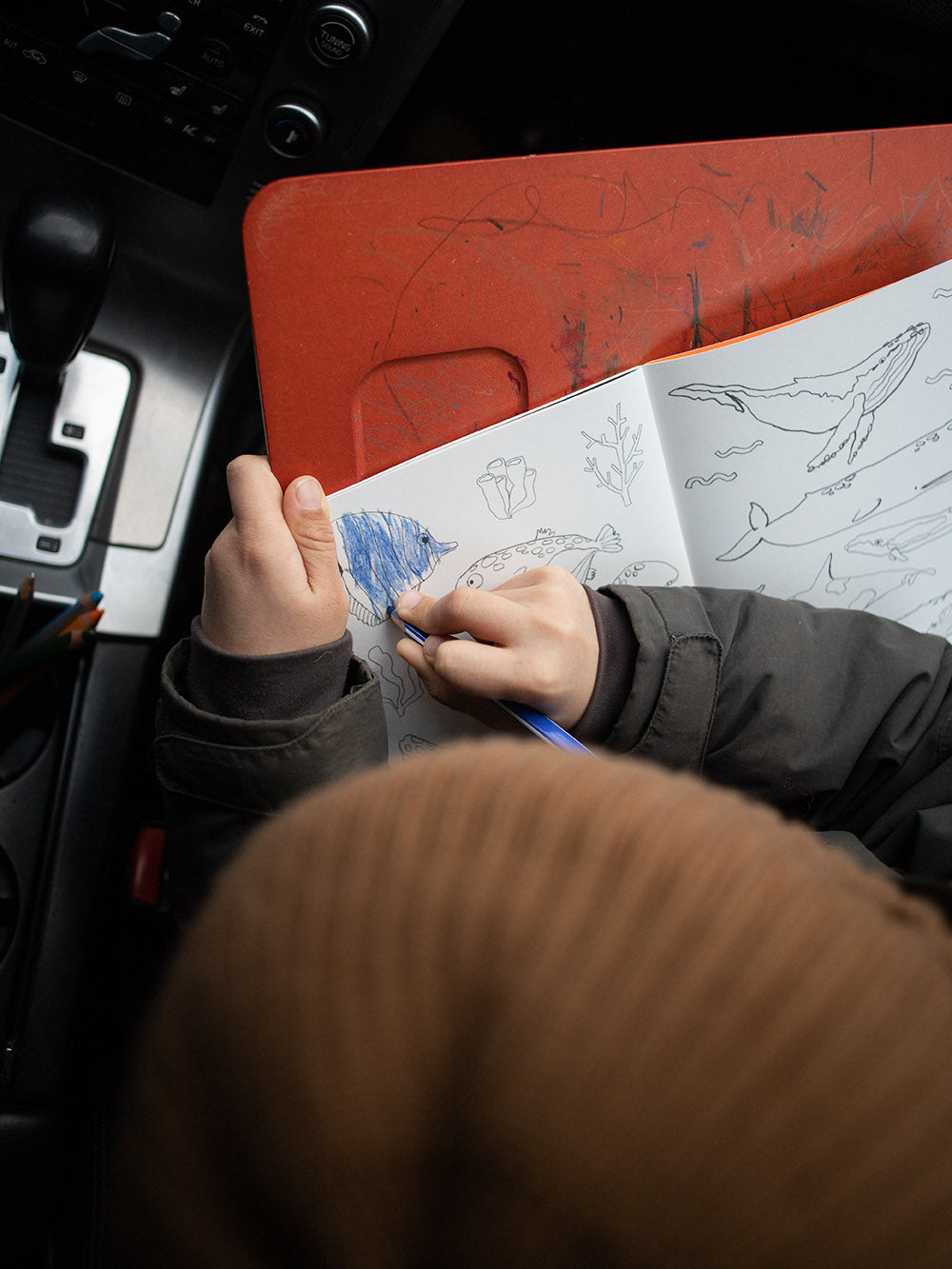 Kind malt im Auto einen Fisch aus mit einem blauen stift im malbuch krummtier to go