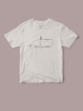 Kinder T-Shirt mit Wal Siebdruck Transfer bedruckt von halfbird. Das T-shirt ist weiß, der Druck schwarz und eignet sich super als Geburtstagsshirt, da der Wal einen Partyhut trägt