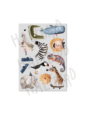 Stickerbogen mit den reflektierenden Aufkleber Giraffe, Wal, Zebra, Flamingo, Papageientaucher, Elefant, Sonne, Wolken und Löwe