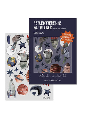 reflektierende Aufkleber Set weltraum mit Rakete, Planeten, einhorn, schildkröte, Sternen und mehr als Sticker set in einer klappkarte verpackt