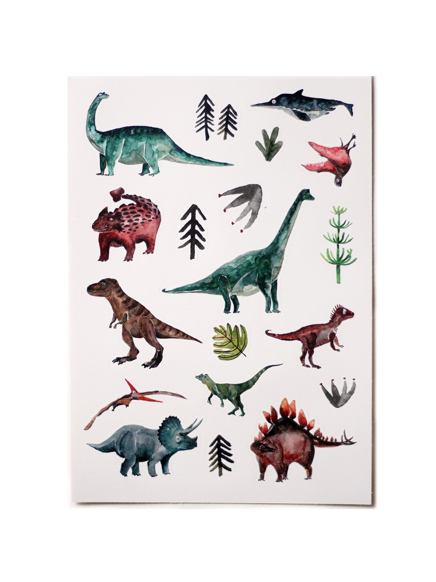 Stickerbogen Dino spülmaschinenfeste Aufkleber. aquarellierte Dinosaurier mit dabei T-Rex, Triceratops, Velociraptor, Stegosaurus, Ankylosaurus und Farne und Bäume