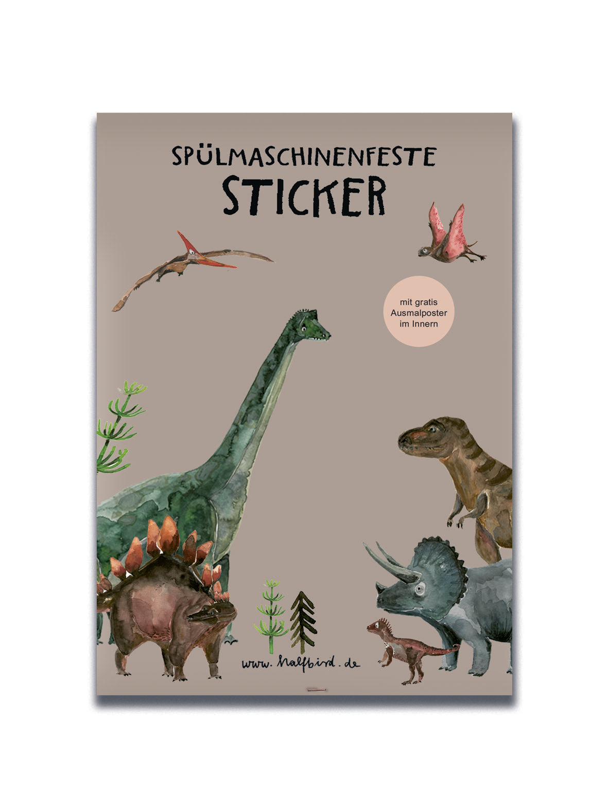 Produktdesign spülmaschinenfeste Sticker von halfbird. Aquarell Dinos T-Rex, Triceratops, Diplodocus, Liliensternus und Stegosaurus